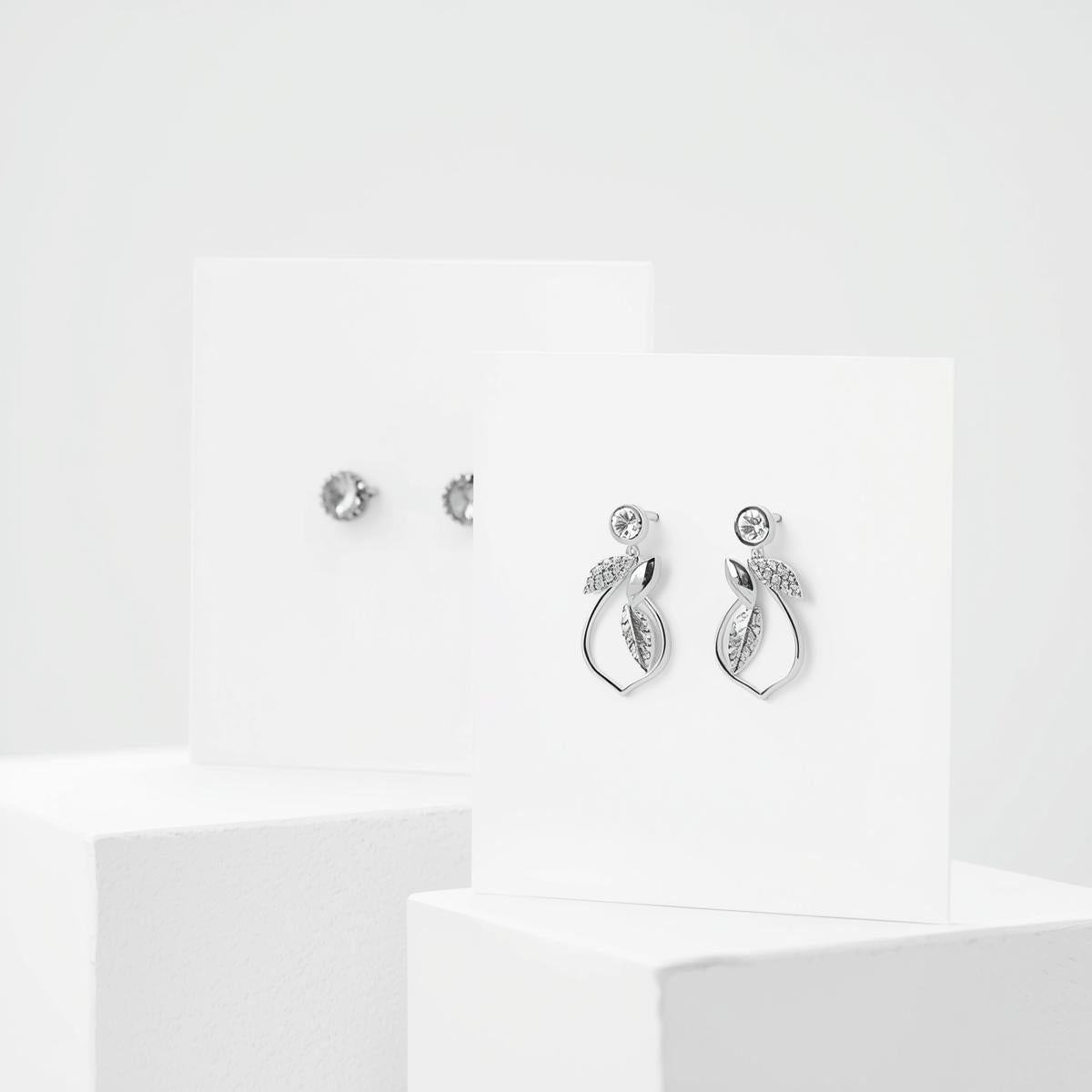 Silver Leaf Crystal Stud Earrings